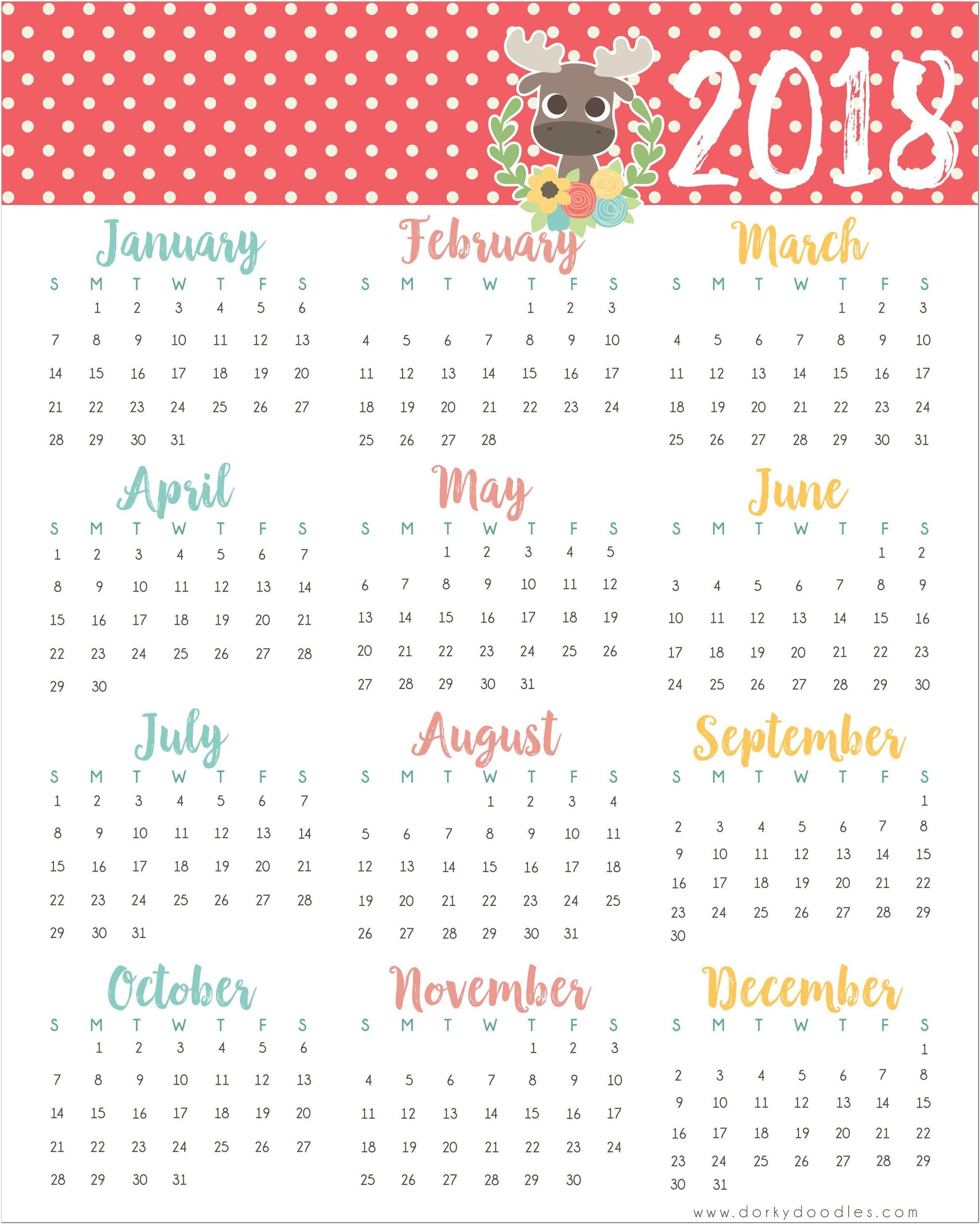 2018 Calendar At A Glance Printable Free