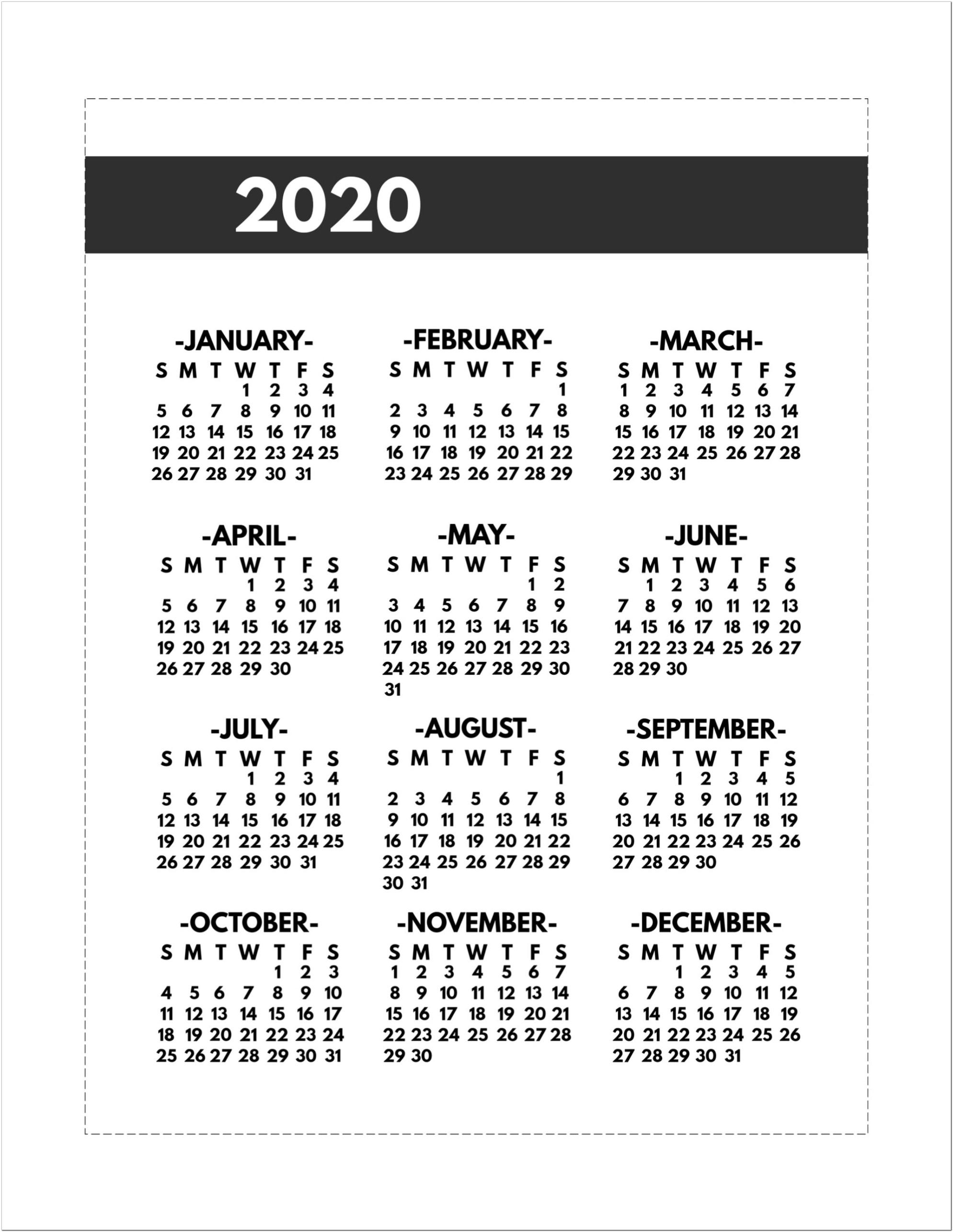 2020 Calendar At A Glance Printable