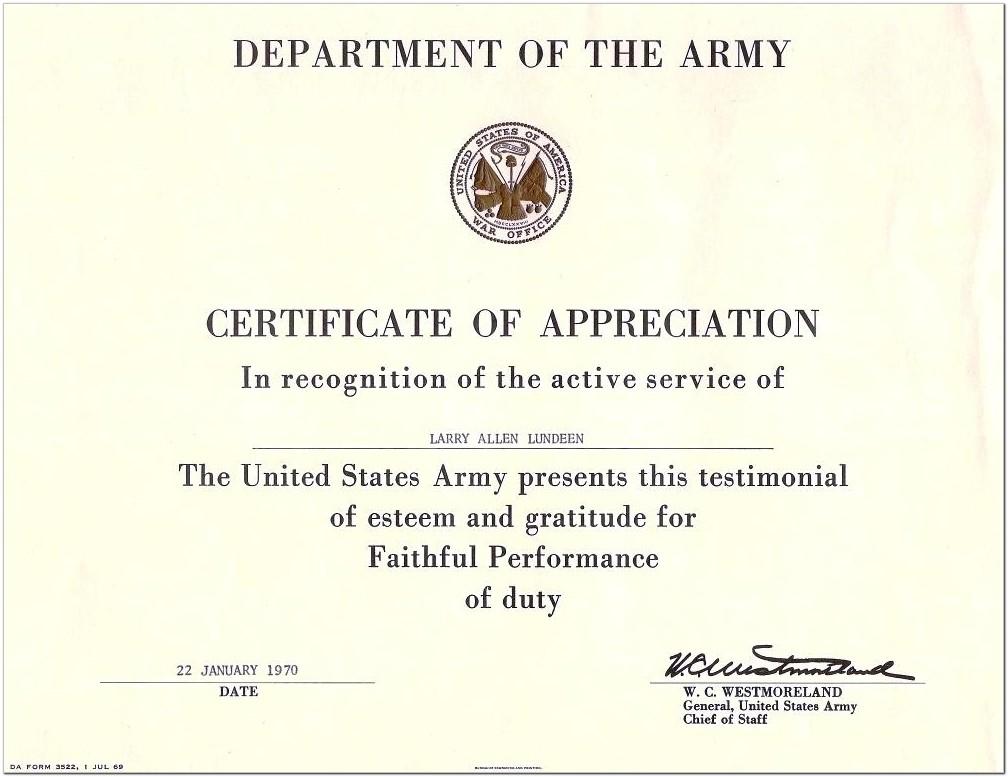 Army Certificates Of Appreciation Templates