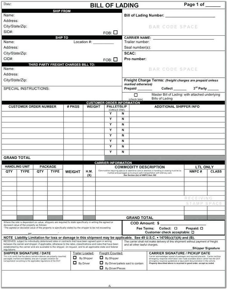 Bill Of Lading Template Canada