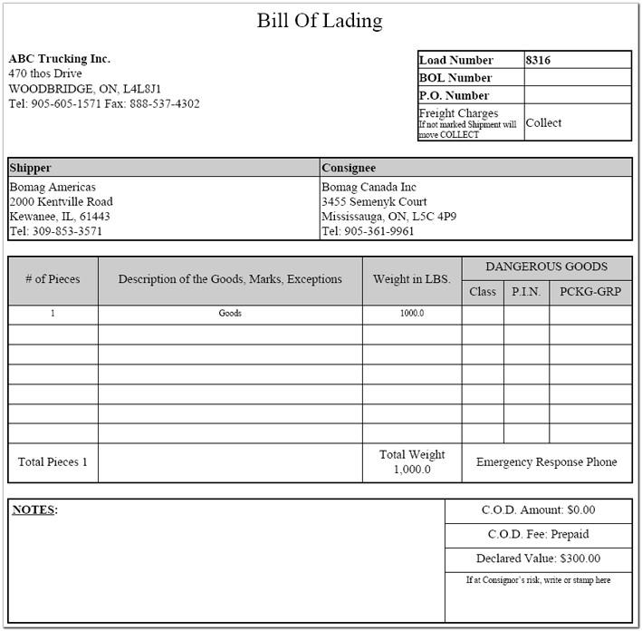 Bill Of Lading Template Doc