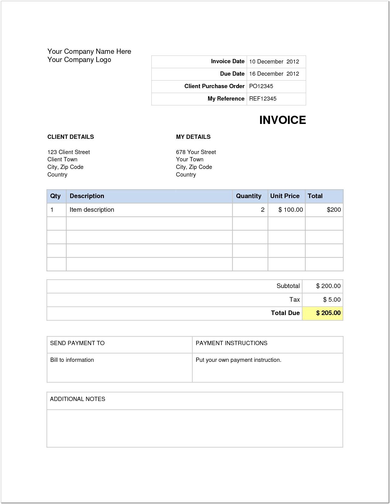 Blank Invoice Template Word Free