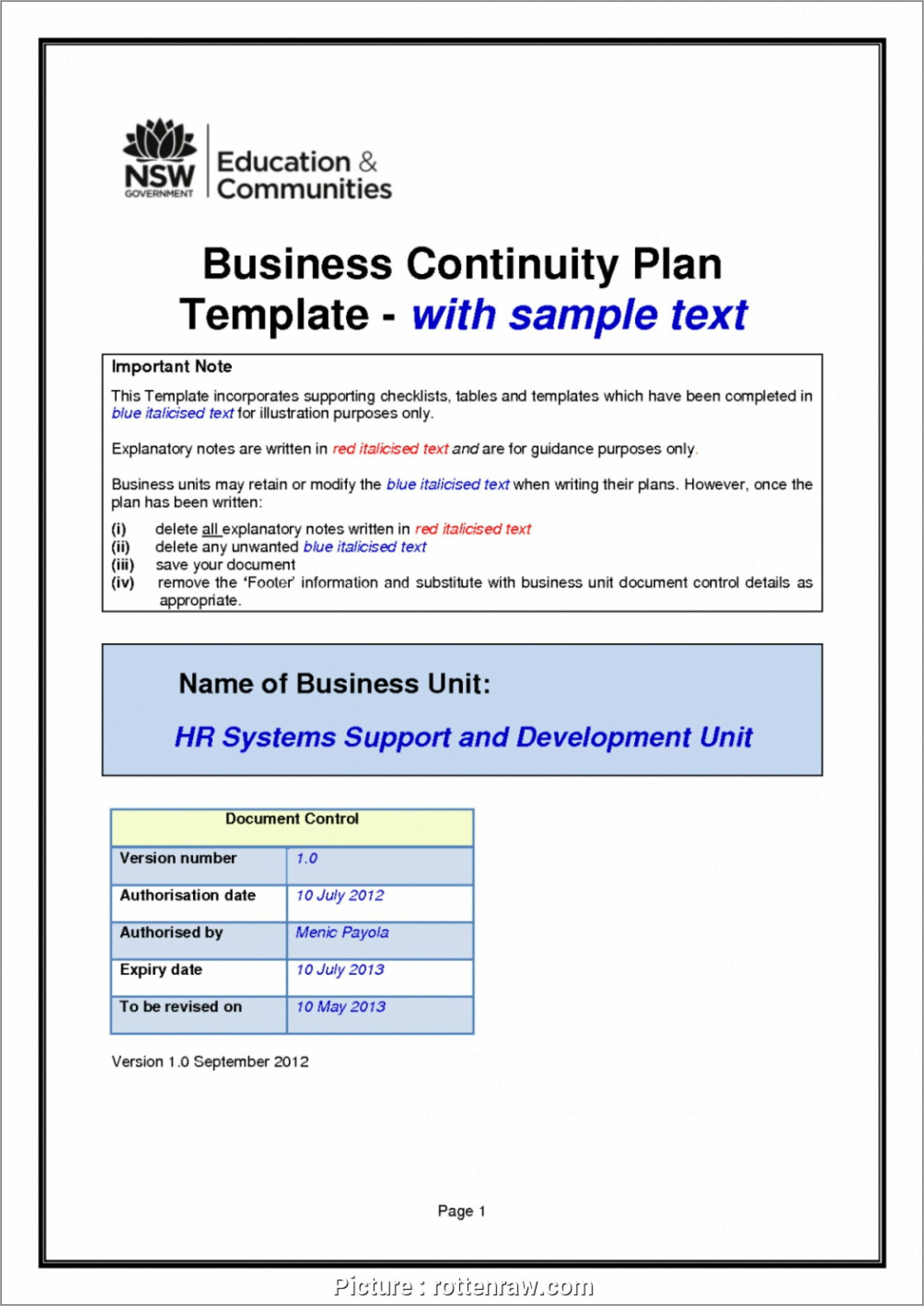 Business Continuity Plan Sample Pdf