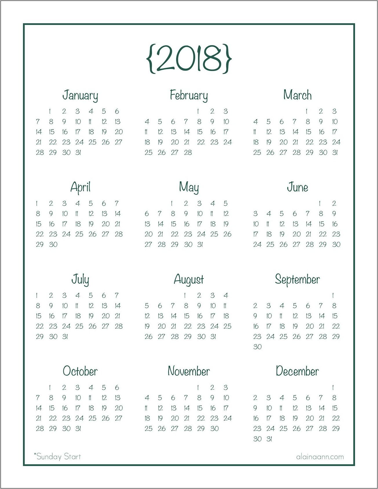 Calendar Year At A Glance Printable