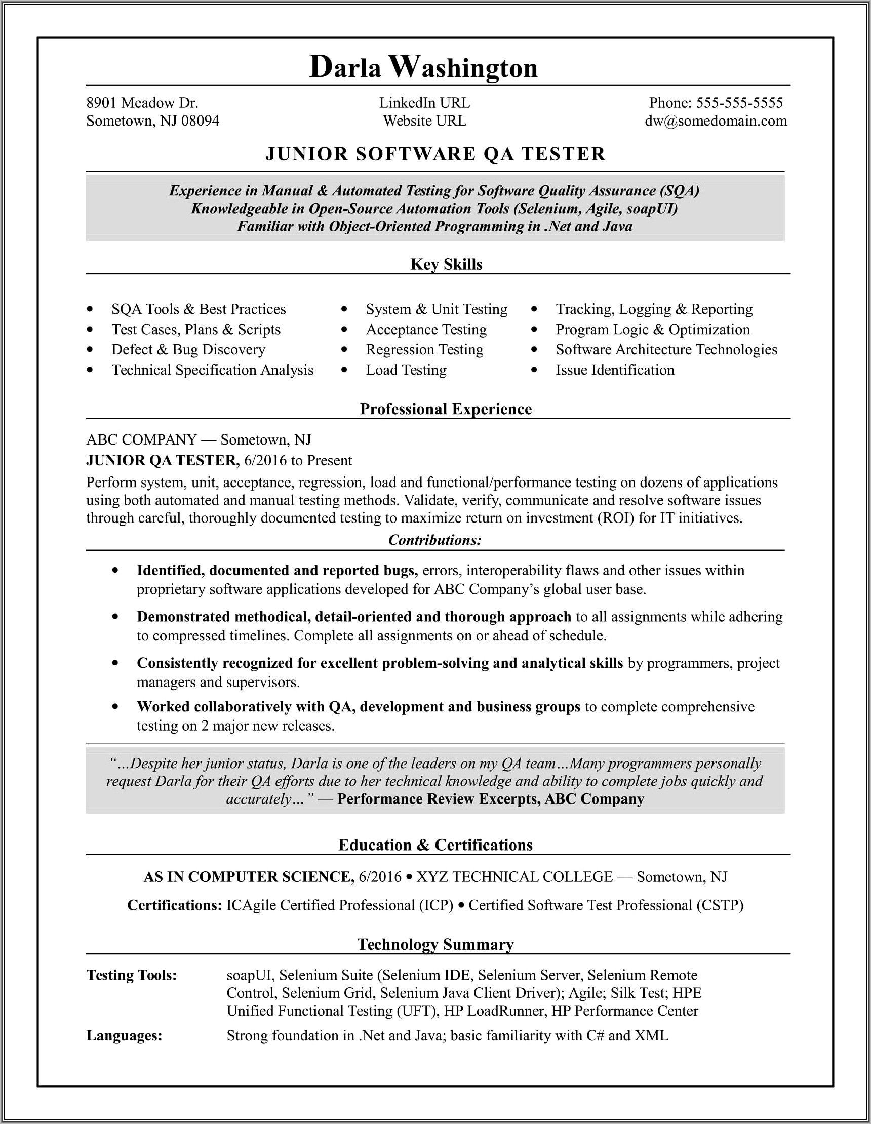 Manual Tester Sample Resume