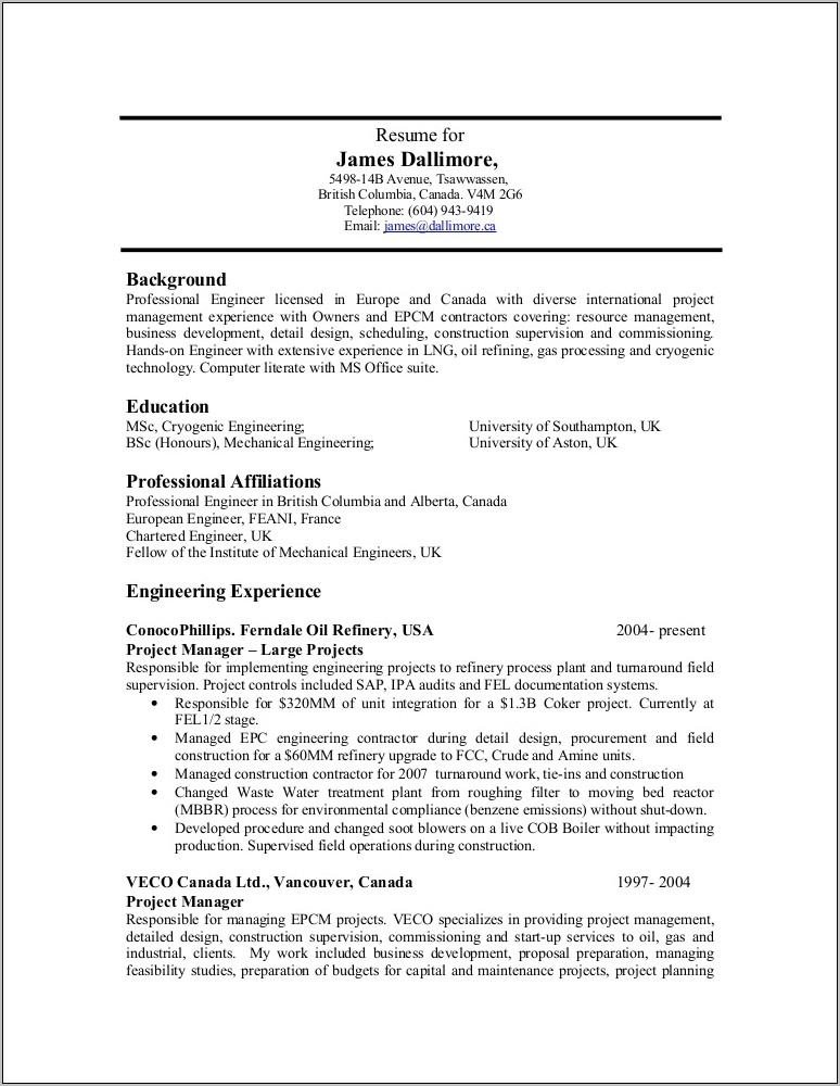 Oil And Gas Project Engineer Resume Sample