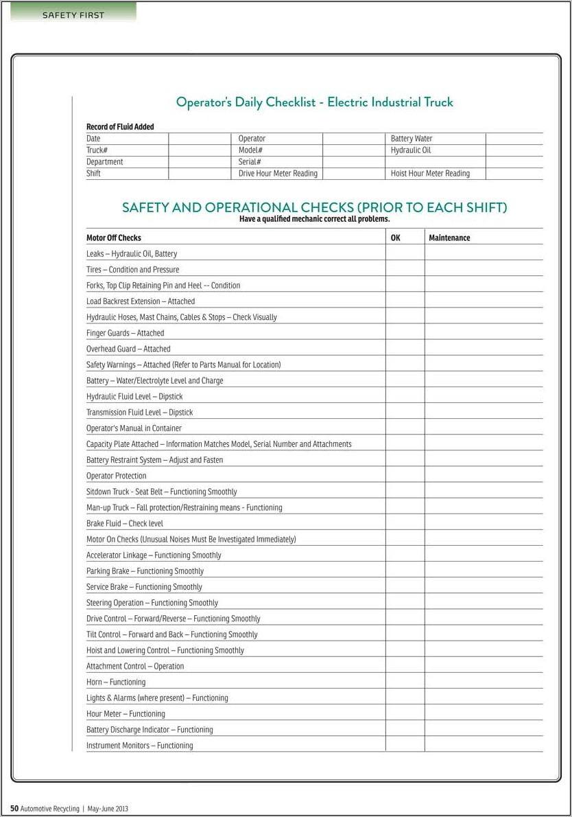 Osha Forklift Inspection Checklist Template
