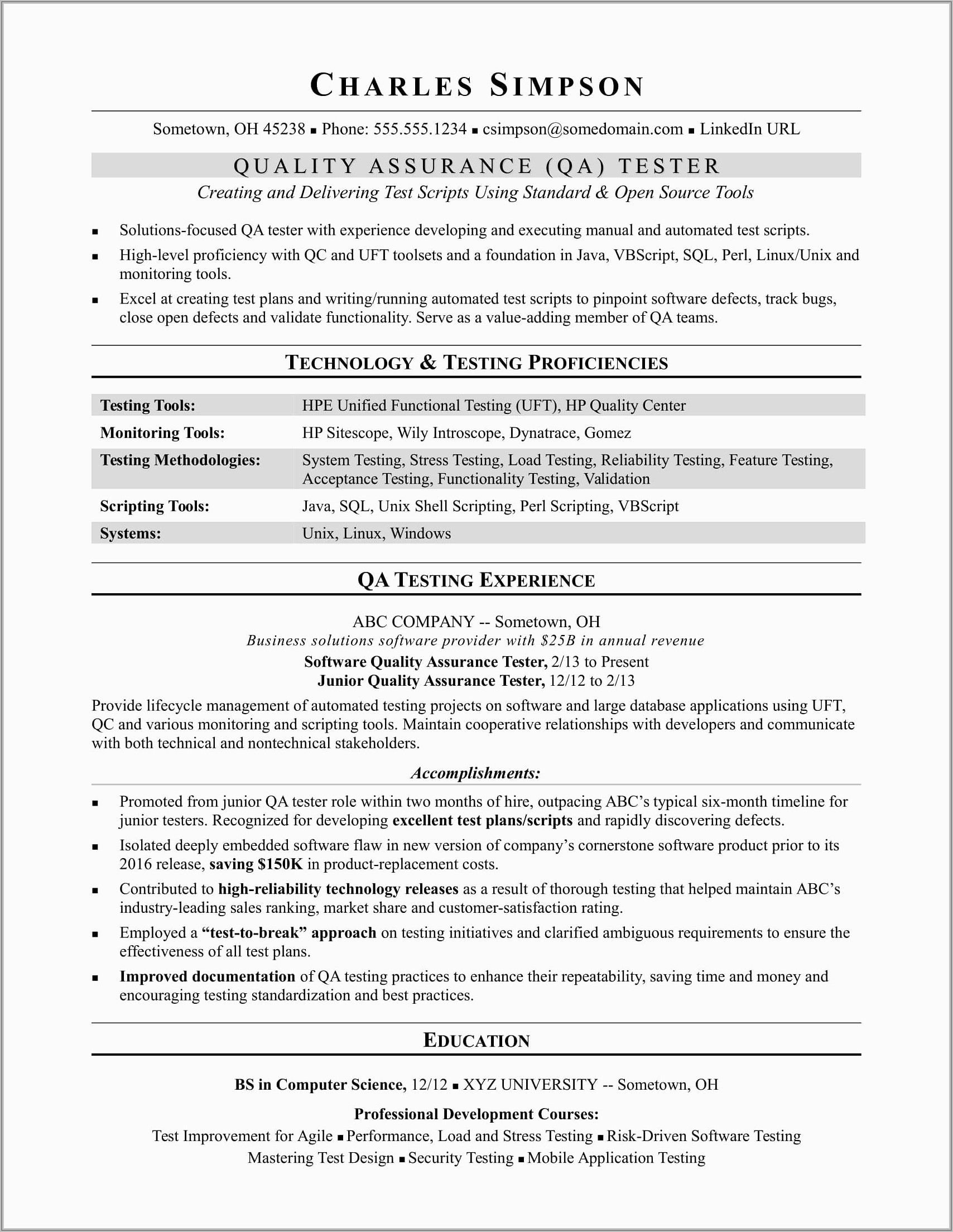Qa Manual Tester Sample Resume