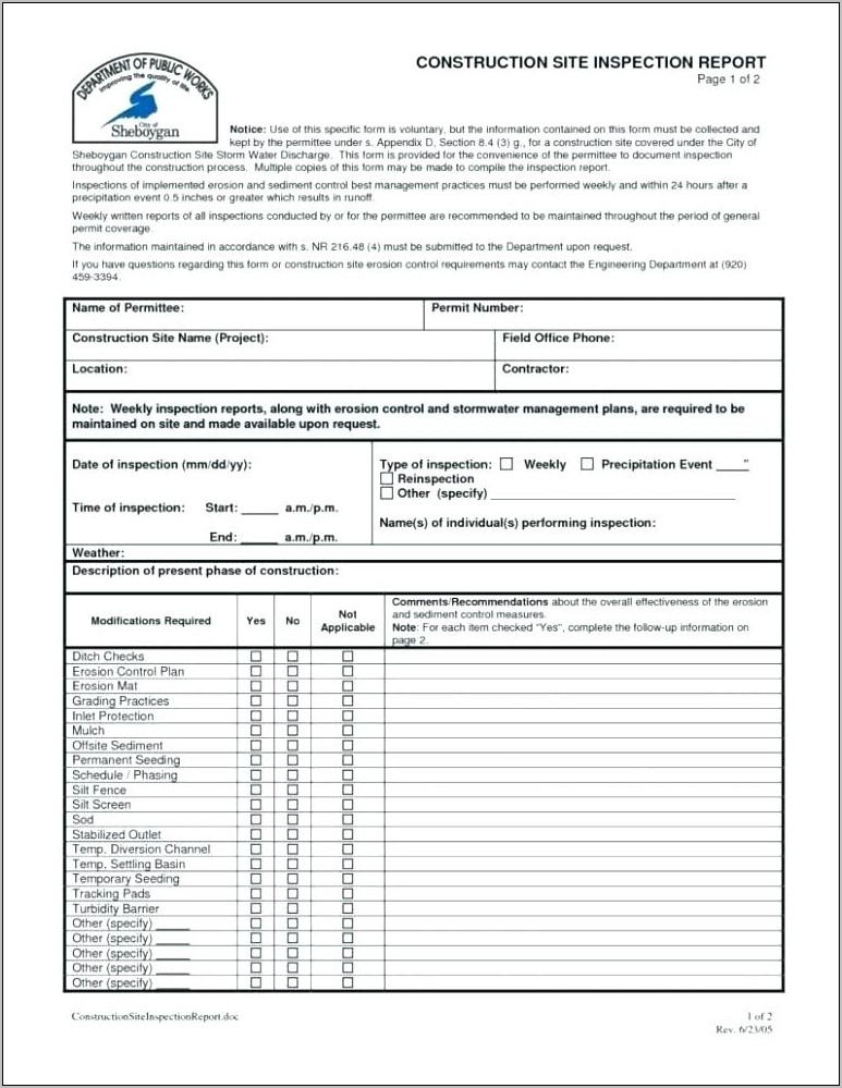 Residential Construction Inspection Checklist Template