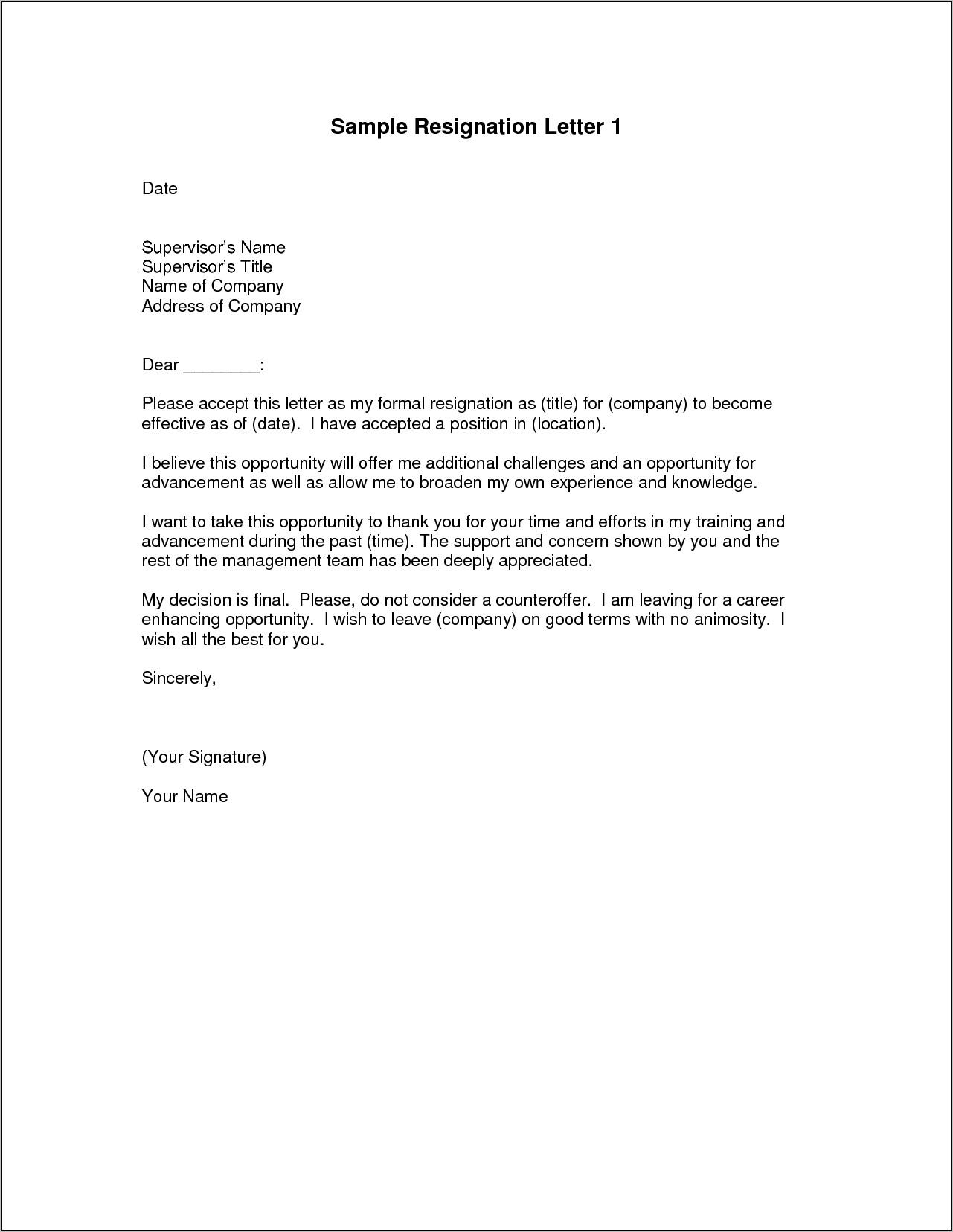 Resignation Letter Format Sample Pdf