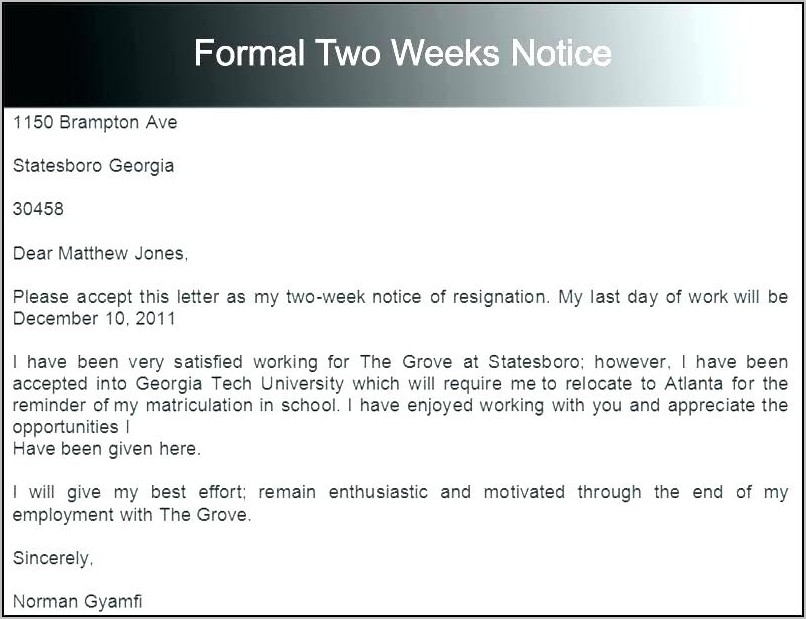 Resignation Letter Sample 2 Weeks Notice Doc