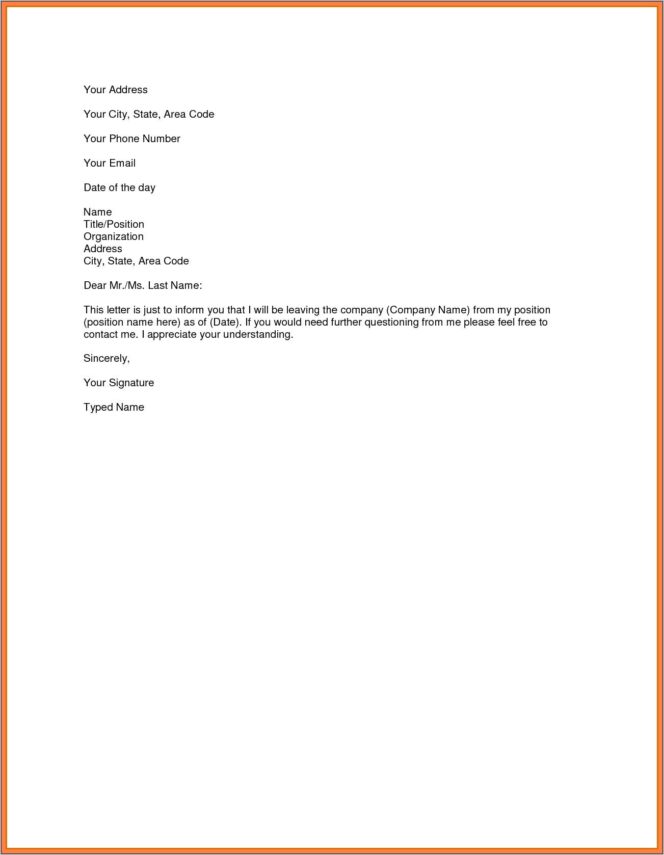 Resignation Letter Template 1 Month Notice Word