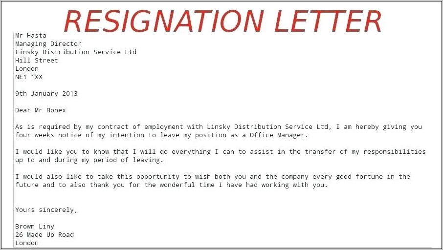 Resignation Letter Template Four Weeks Notice
