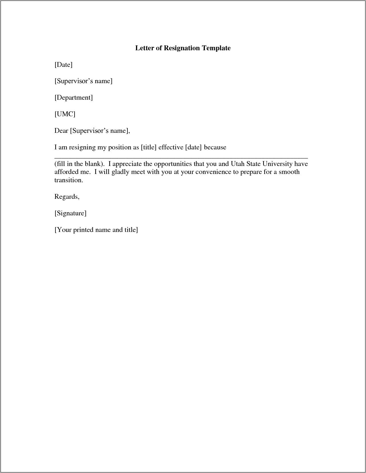 Resignation Letter Template Free Printable