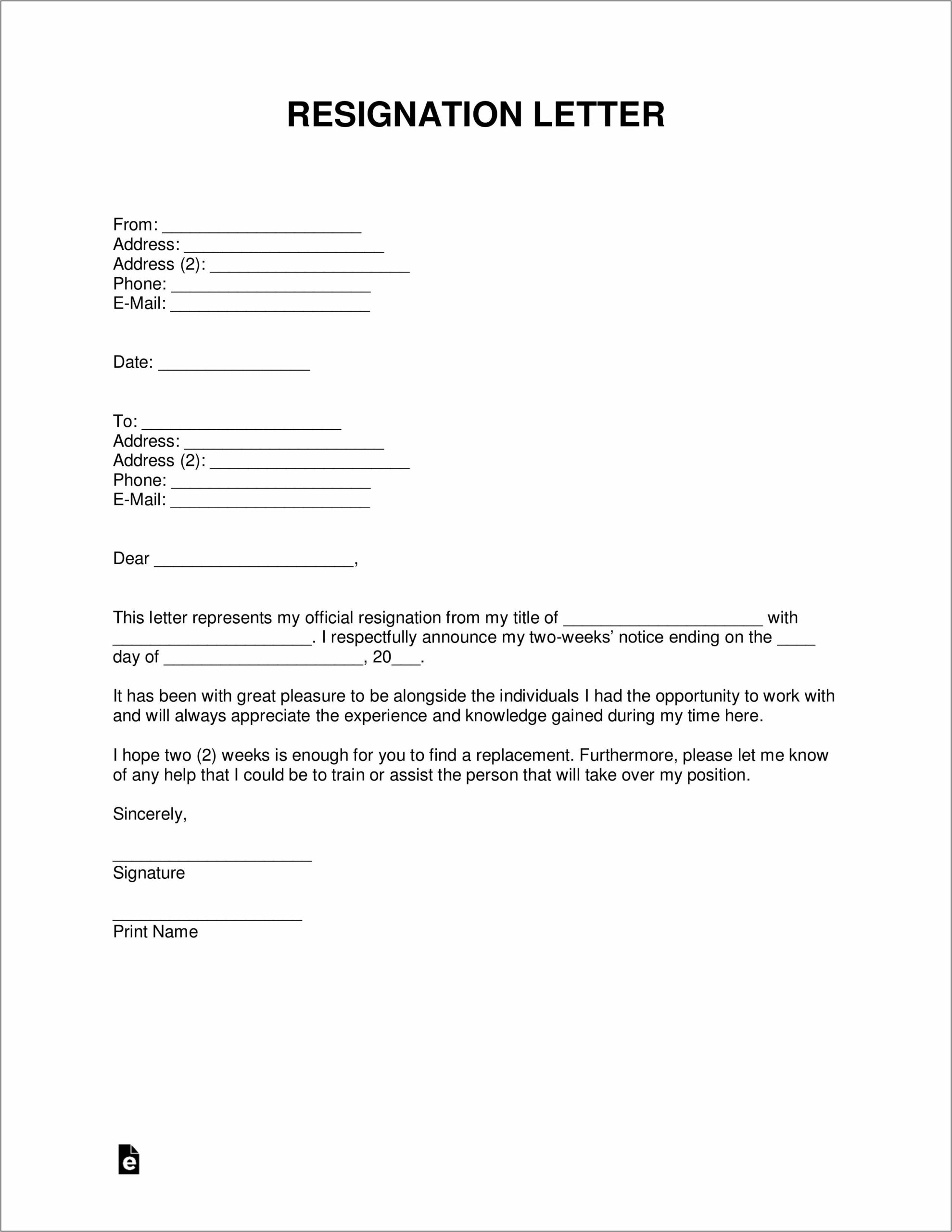 Resignation Letter Template Free