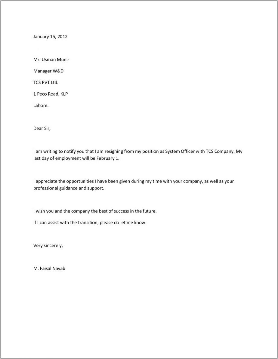 Resignation Letter Template Nz