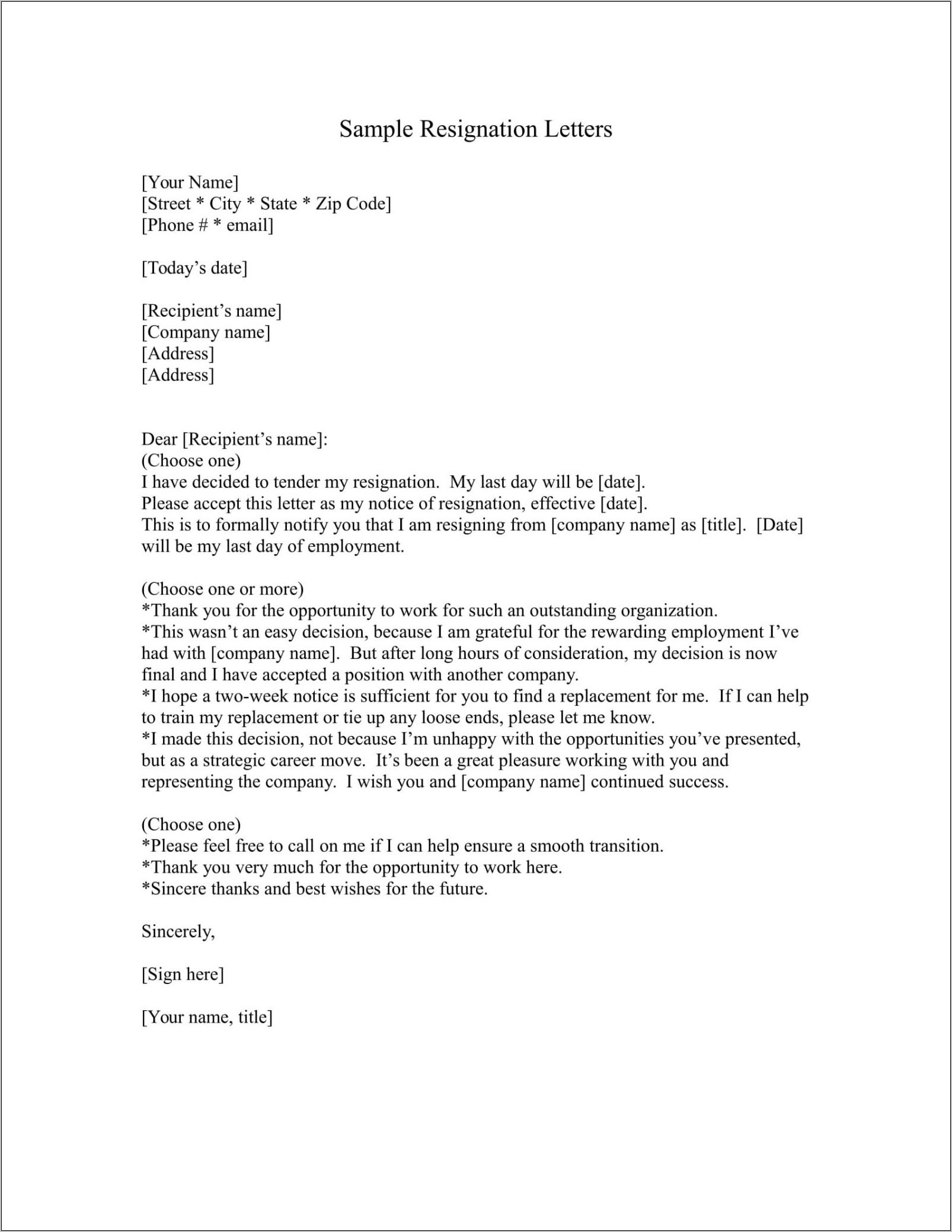 Resignation Letter Template Word Document