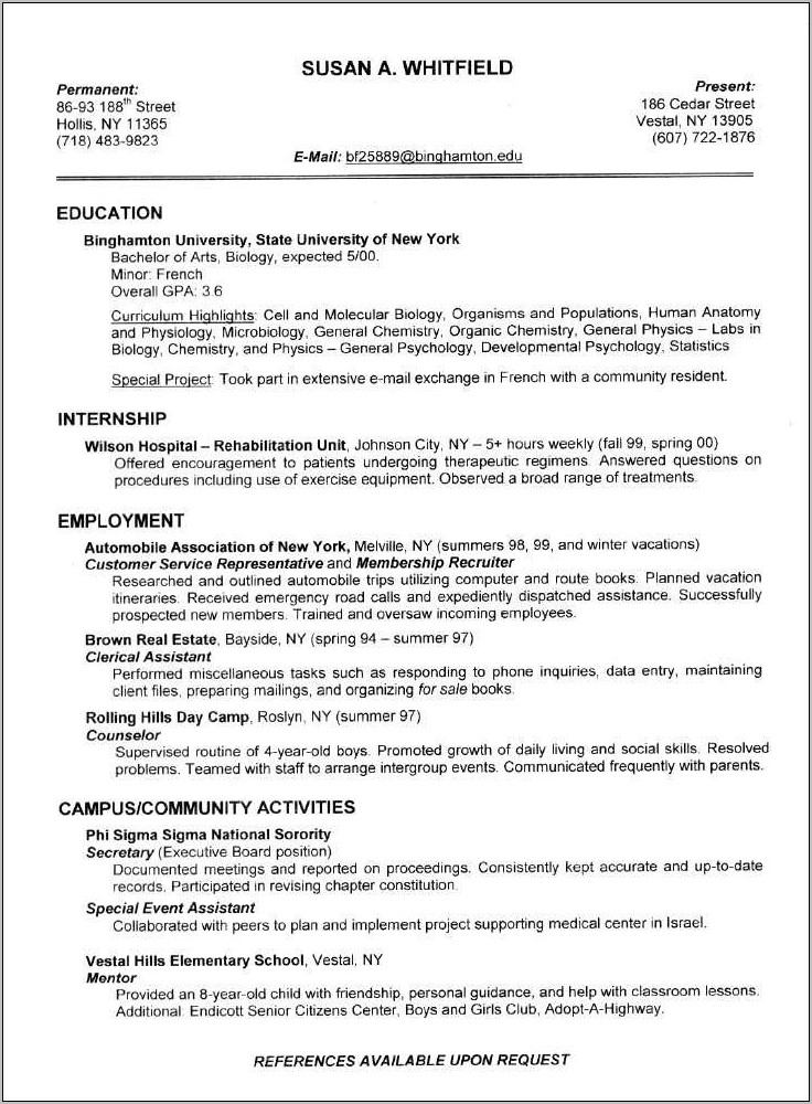 Resume Examples For College Students Internships