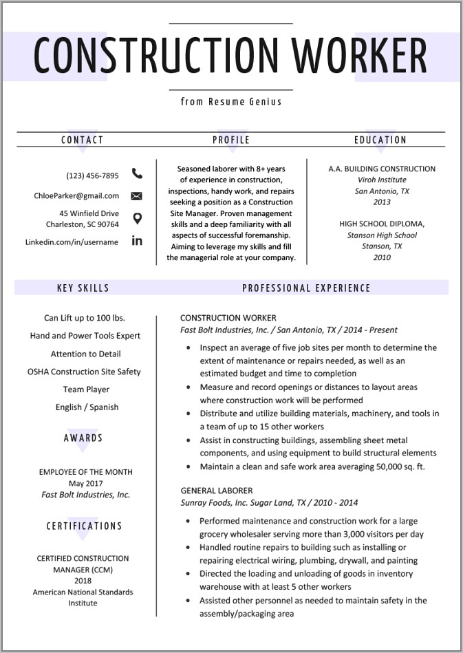 Resume For Construction Worker Sample