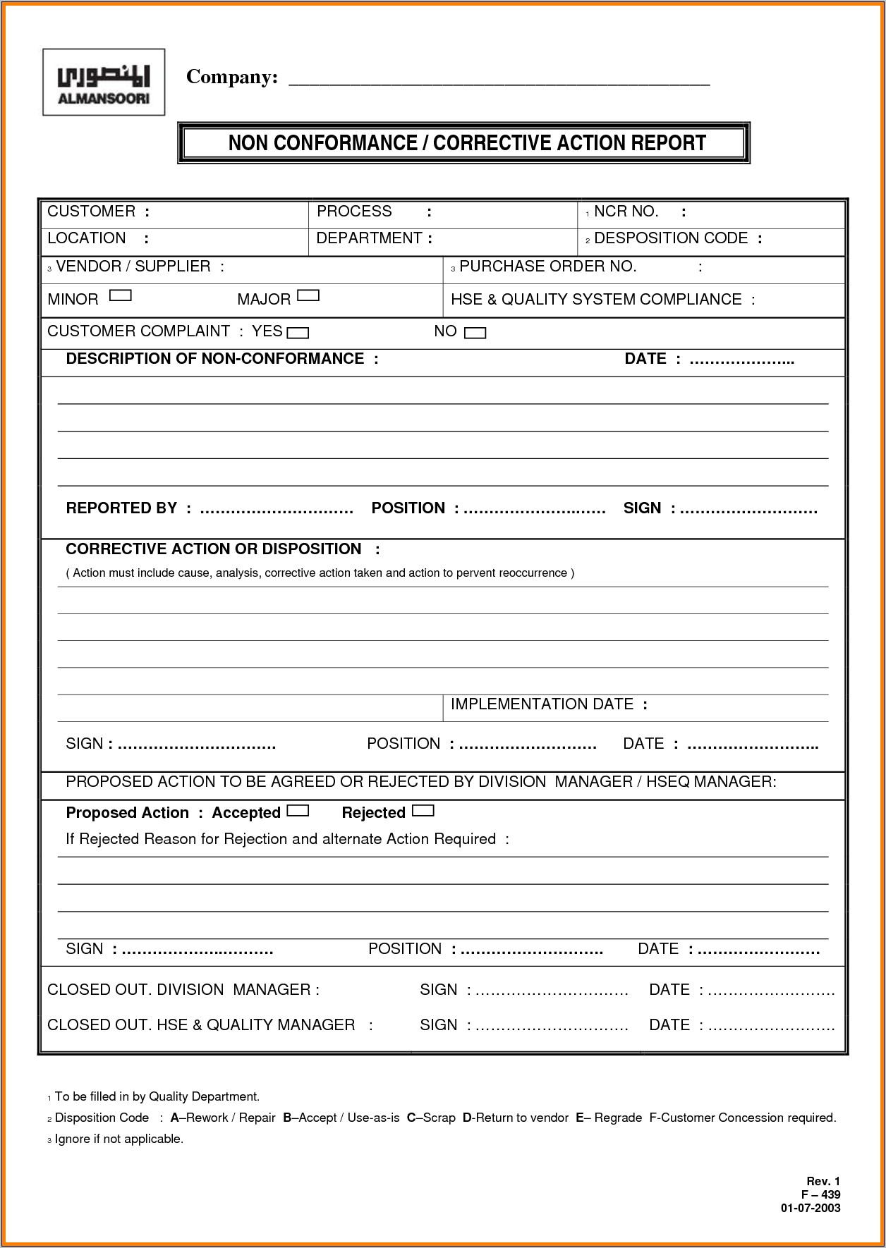 Sample Corrective Action Report Form