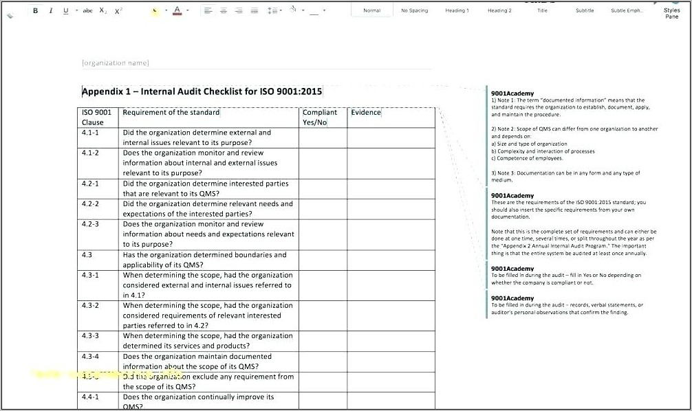 Sample Internal Audit Checklist Form