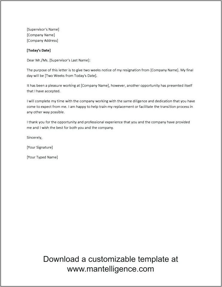 Sample Job Resignation Letter With Notice Period