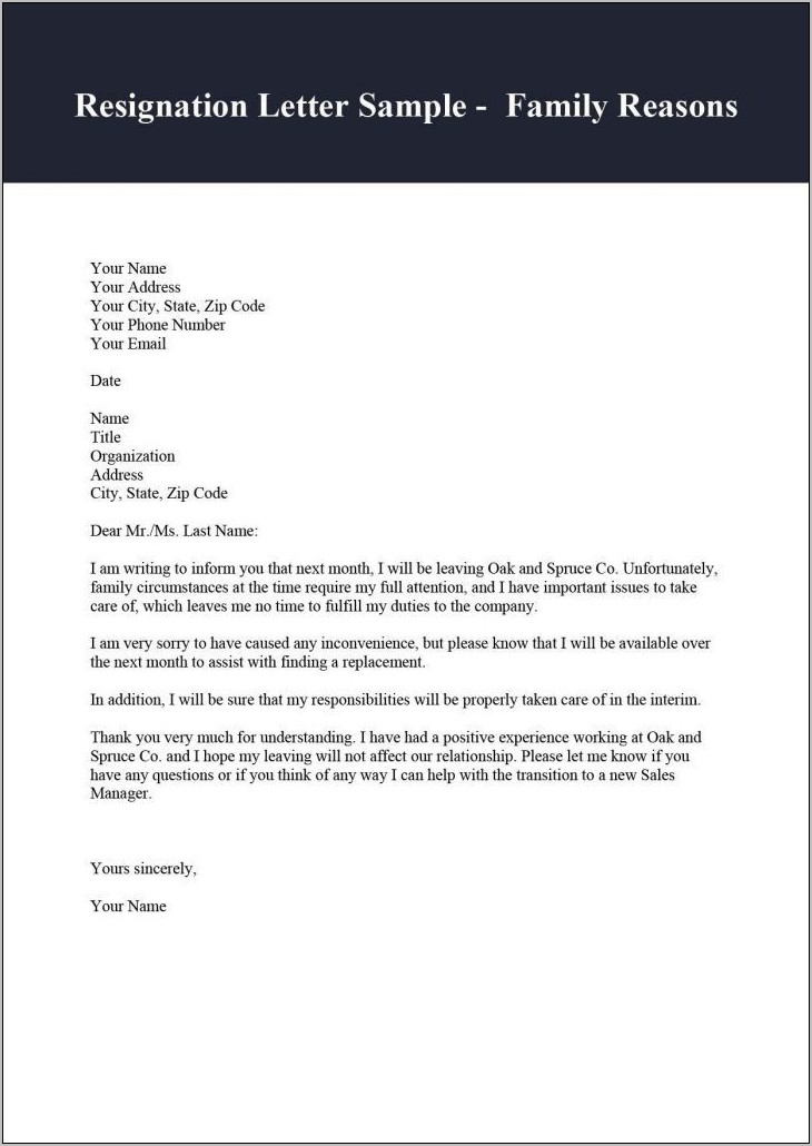 Sample Letter Of Resignation Family Reasons