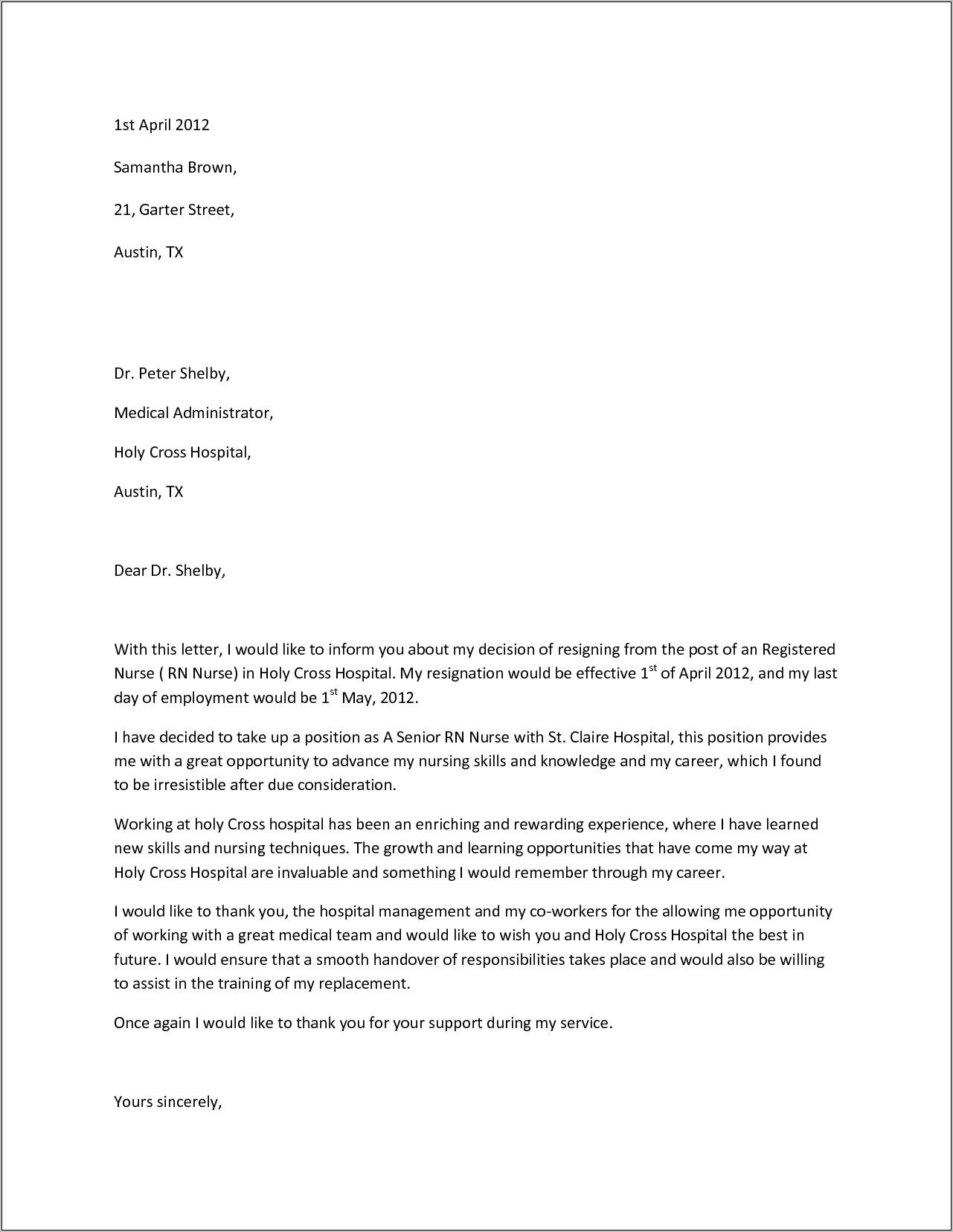 Sample Letter Of Resignation For Staff Nurse