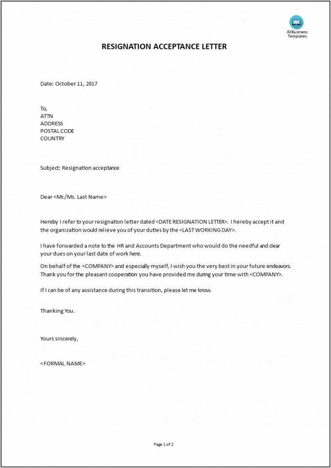 Sample Of Letter Of Resignation Acceptance