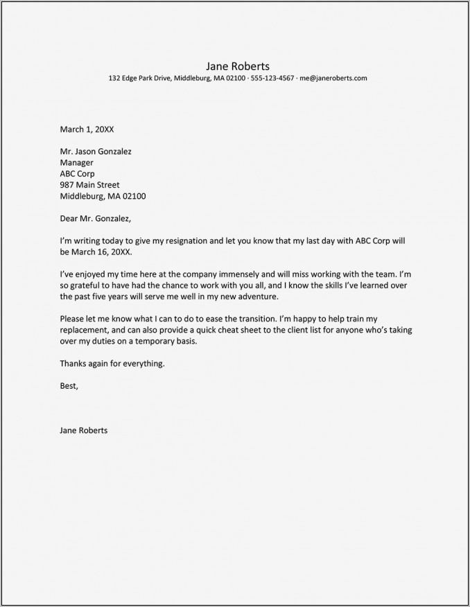 Sample Of Letter Of Resignation For Retirement