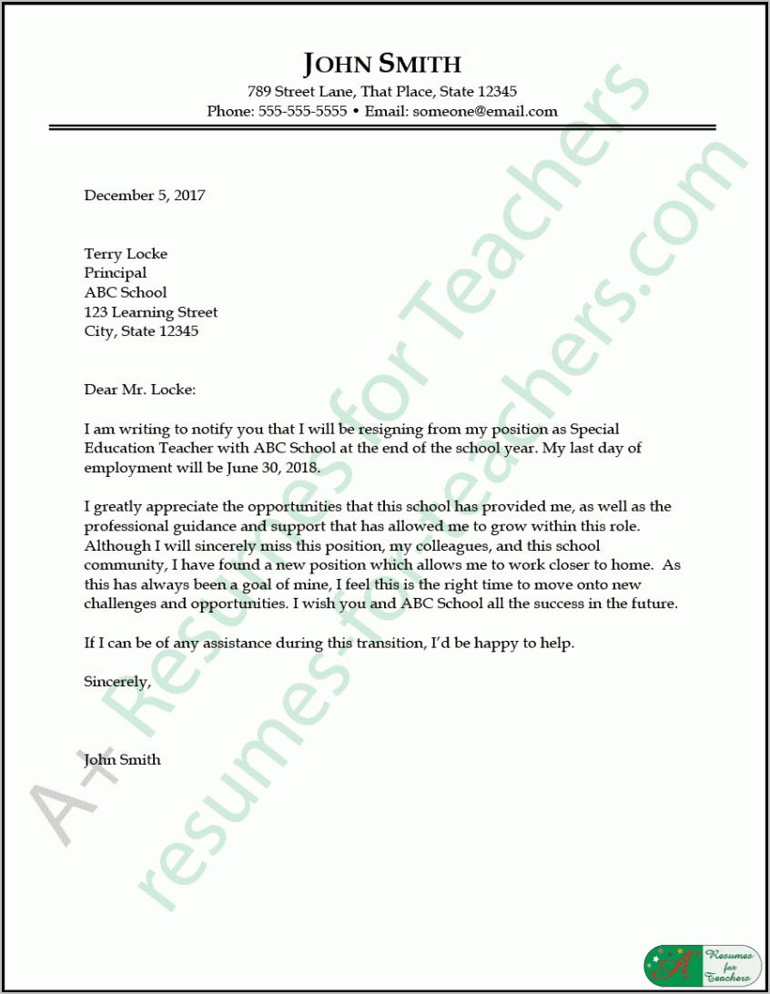 Sample Of Letter Of Resignation For Teacher