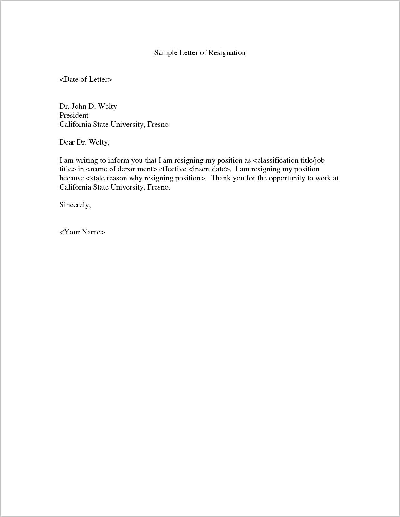 Sample Of Letter Of Resignation From Work