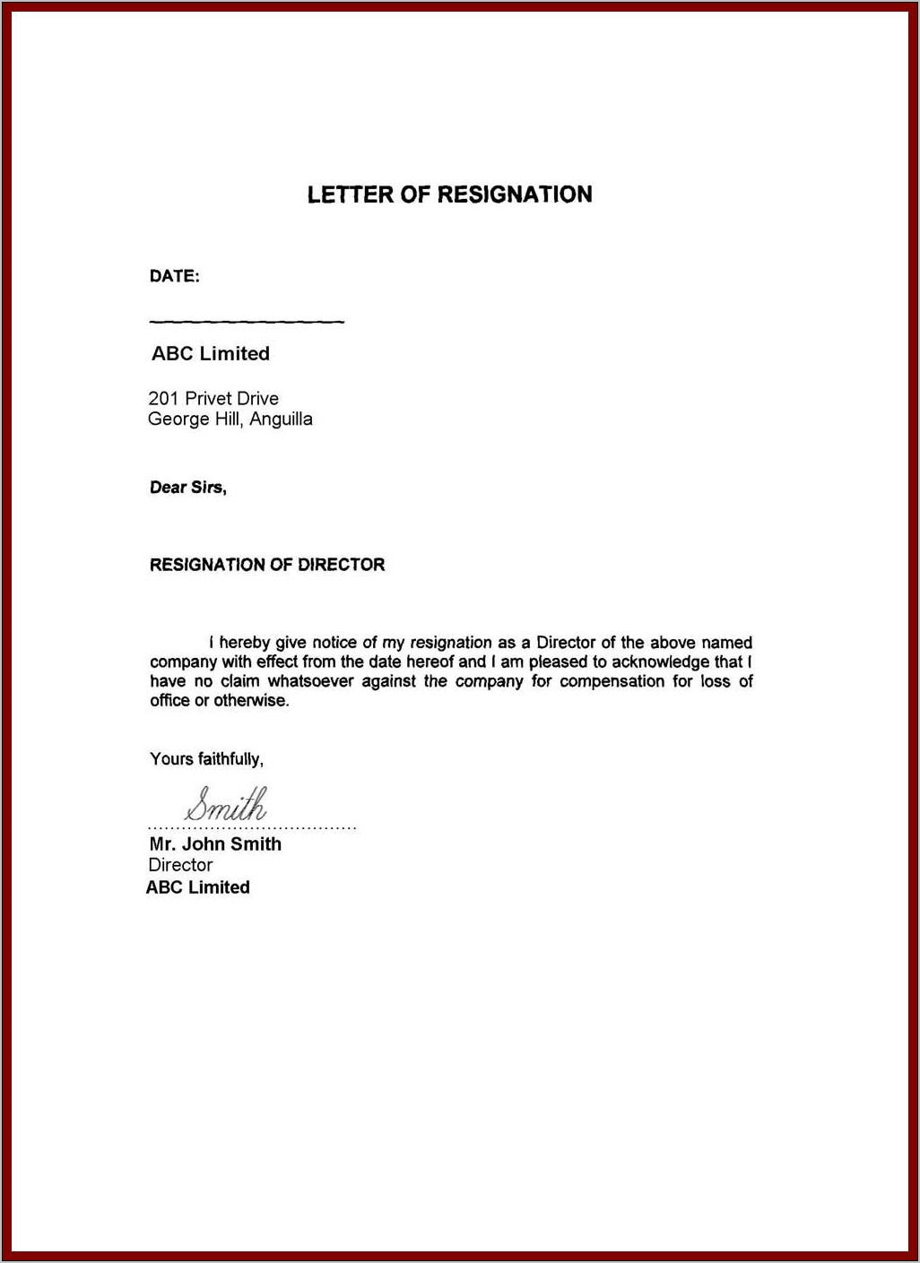 Sample Of Resignation Letter With Reason Family