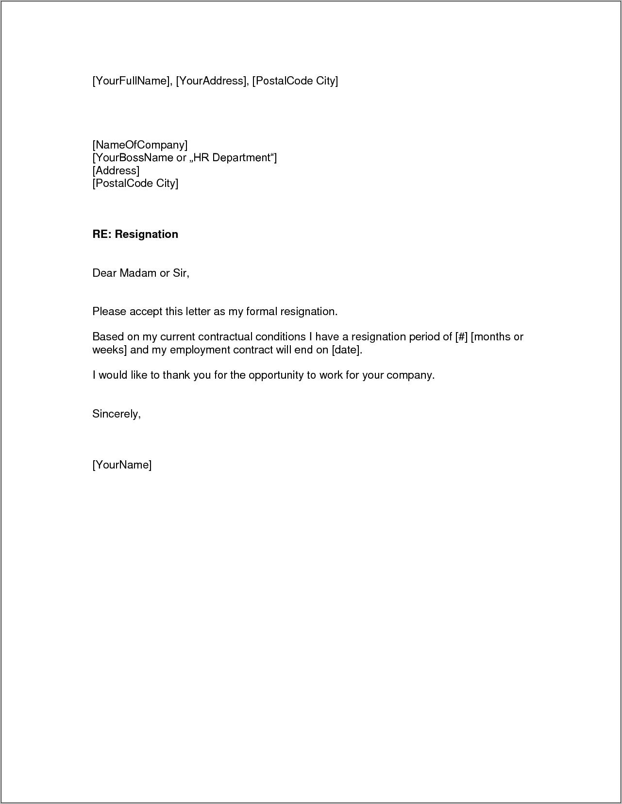 Sample Of Simple Resignation Letter Template