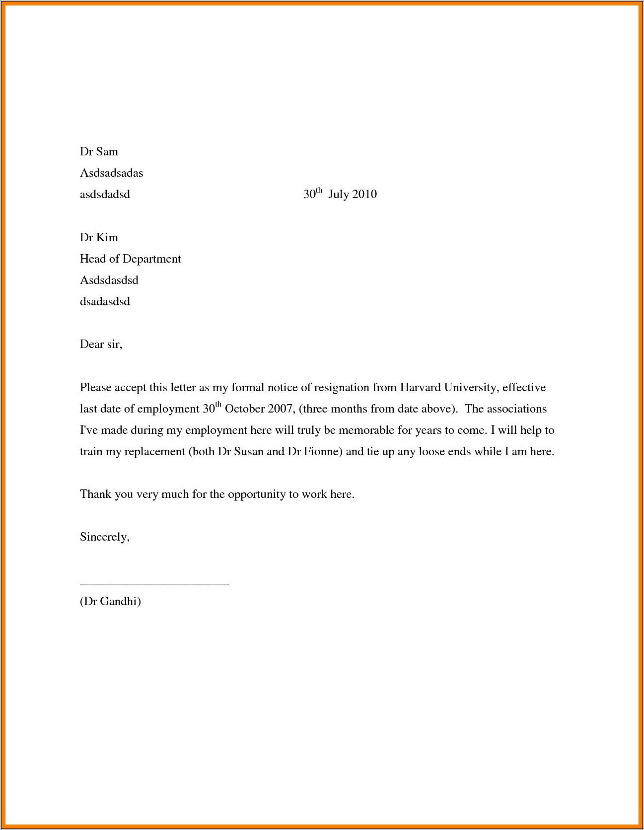 Sample Resignation Letter Template Email