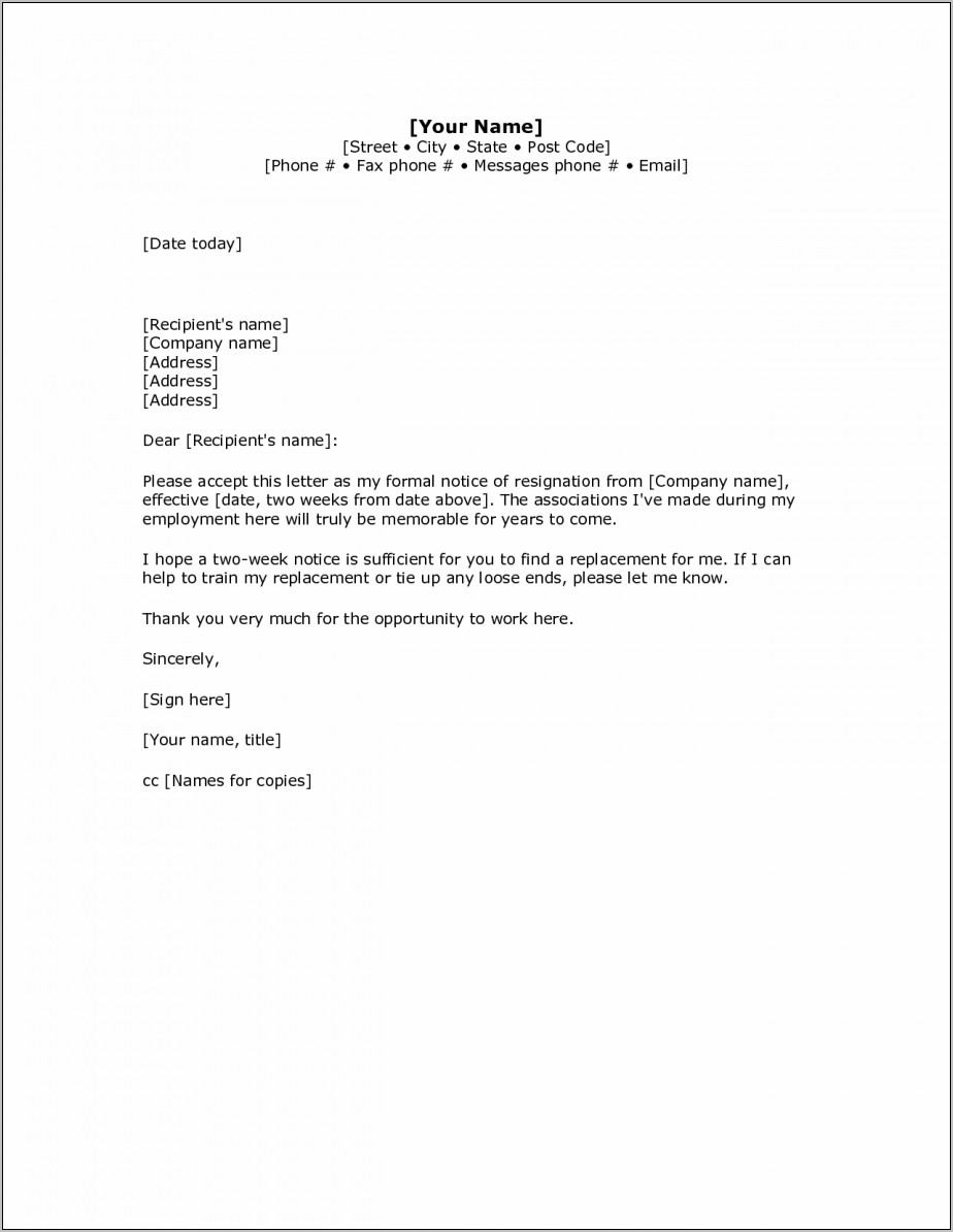 Sample Resignation Letter Template Short Notice