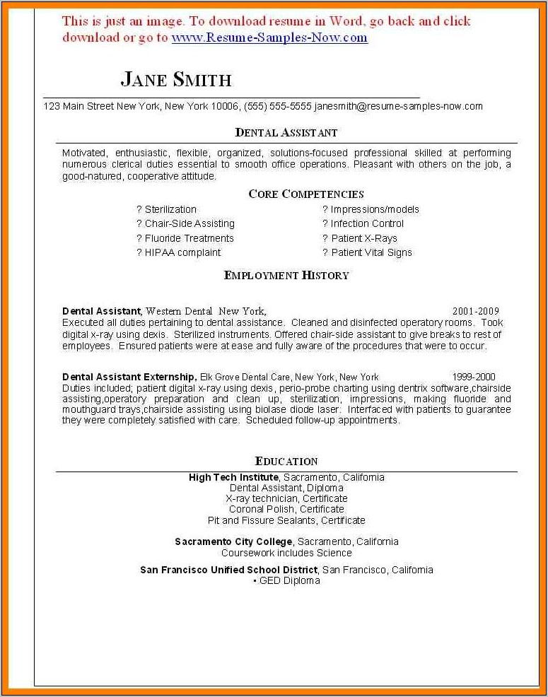 Sample Resume For Dental Assistant