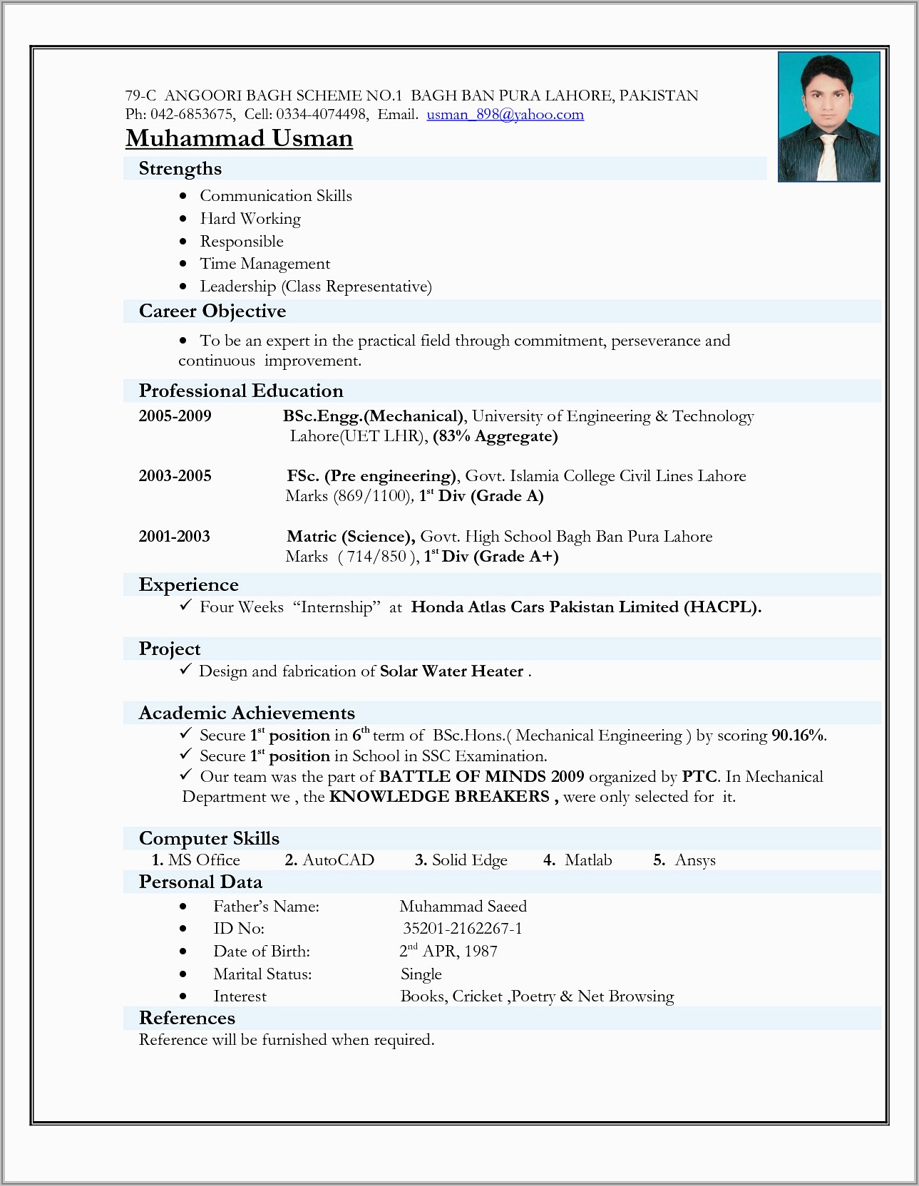 Sample Resume For Electrical Engineering Student