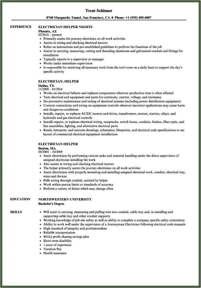Sample Resume For Electrician Helper