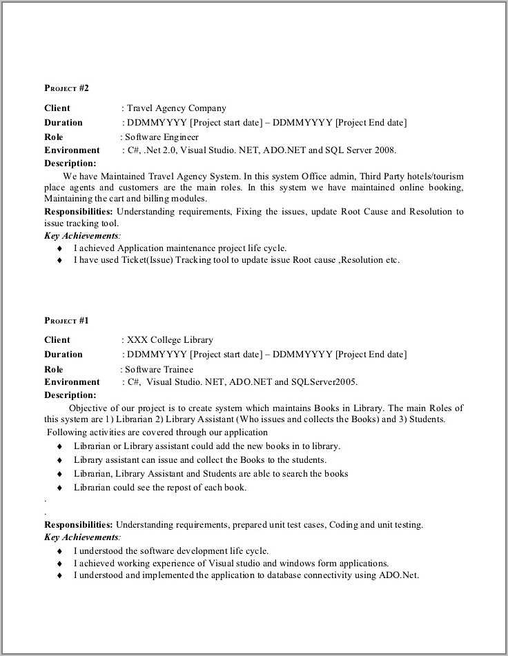 Sample Resume For Experienced Dot Net Developer