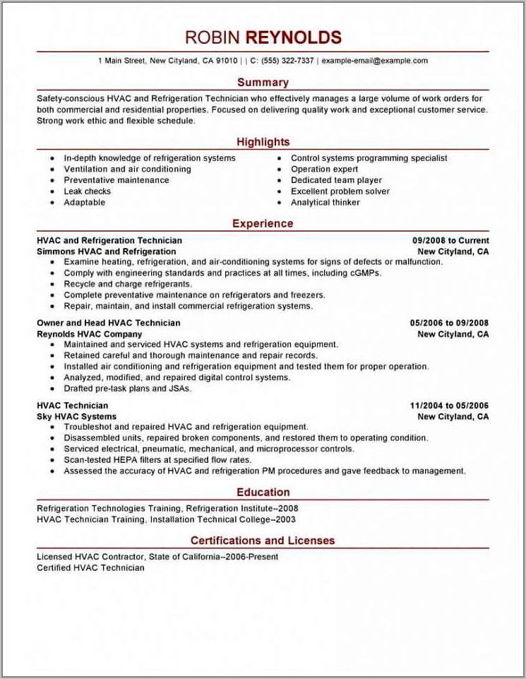 Sample Resume For Hvac Control Technician