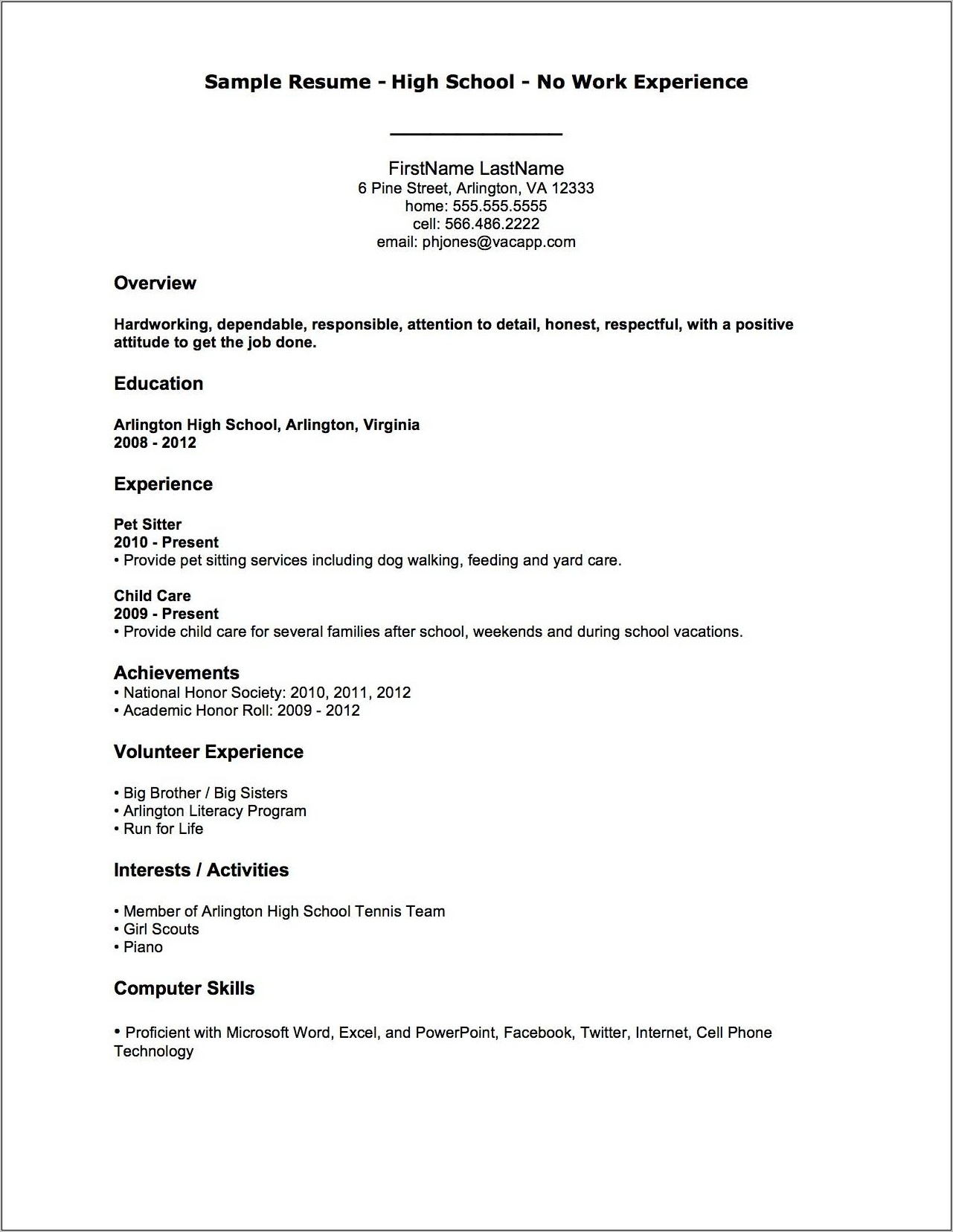 Sample Resume For No Experience College Student