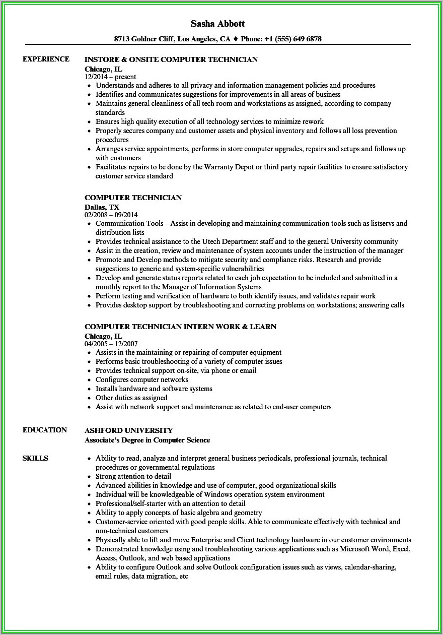 Sample Resume Of Computer Technician