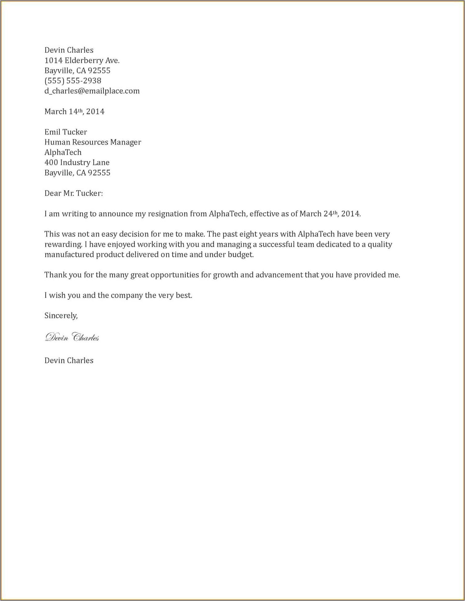 Template Resignation Letter Sample