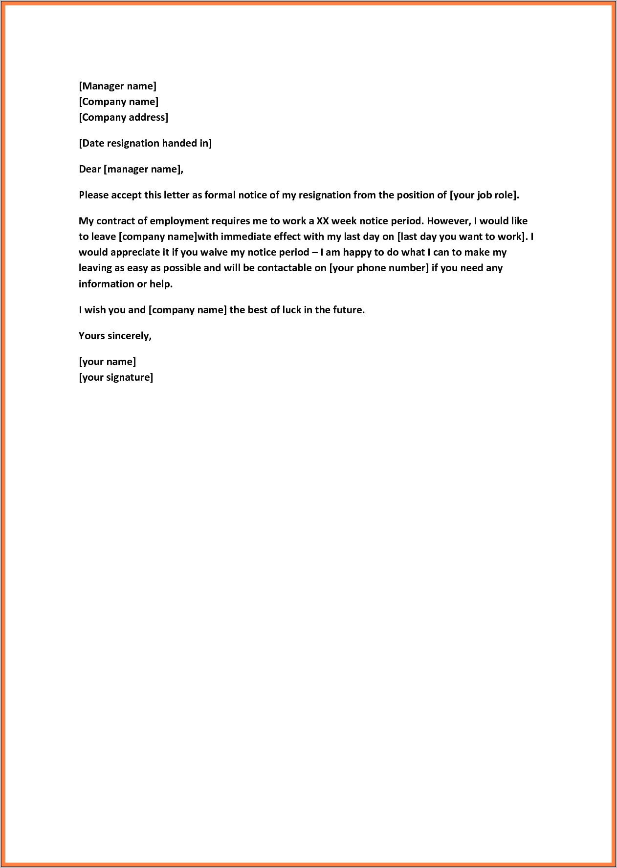 Templates For Resignation Letter Short Notice