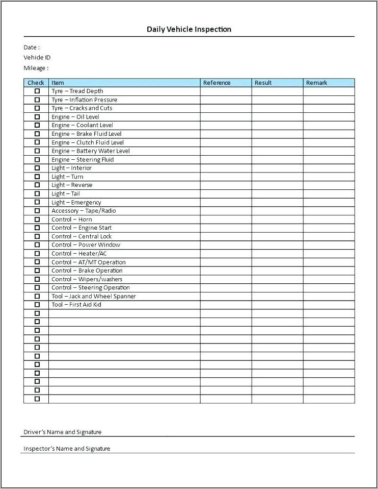 Vehicle Inspection Checklist Template Free
