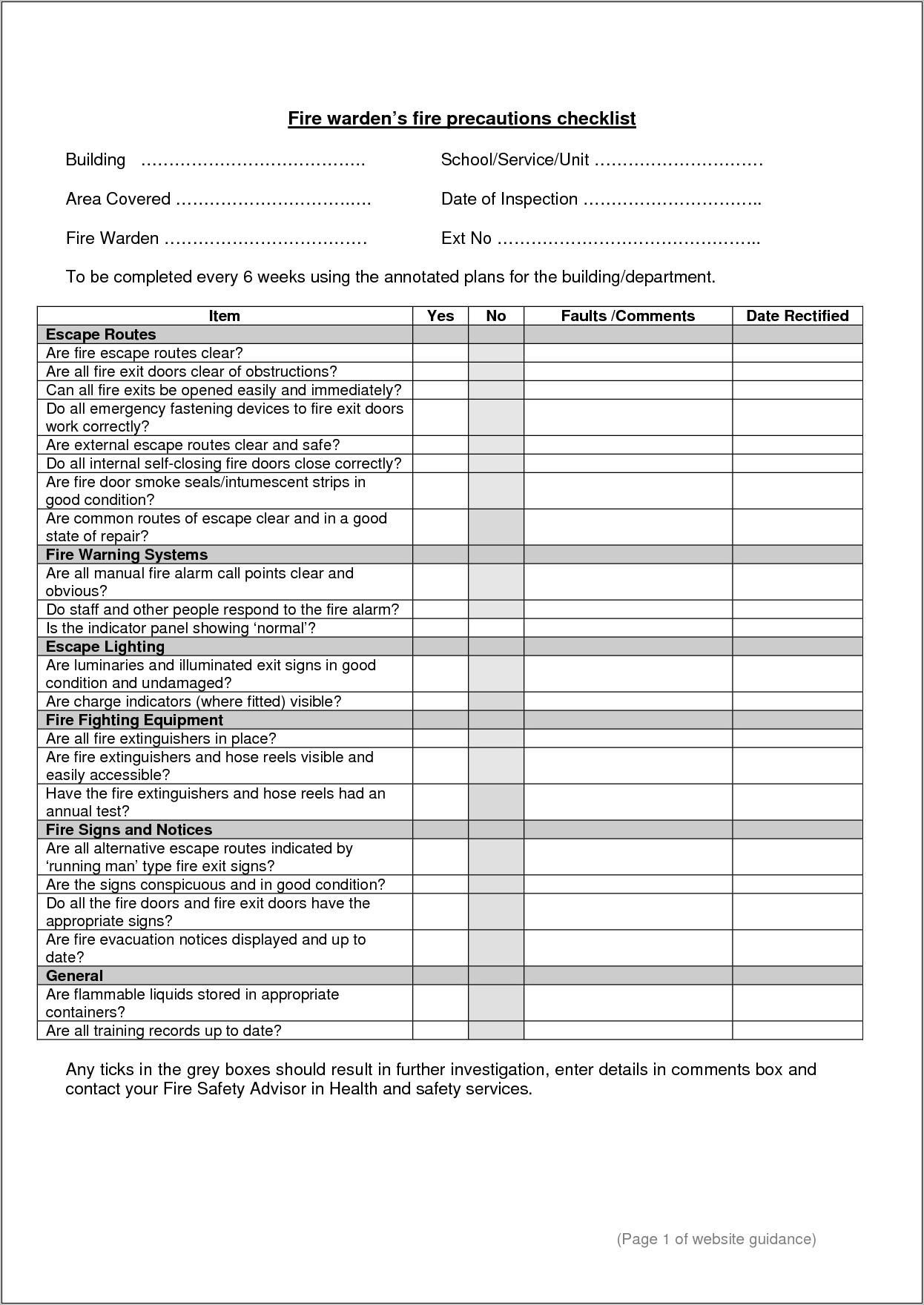 Workplace Inspection Checklist Office Template