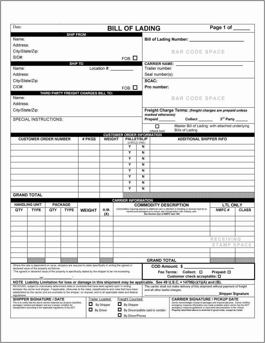 Xpo Straight Bill Of Lading Template