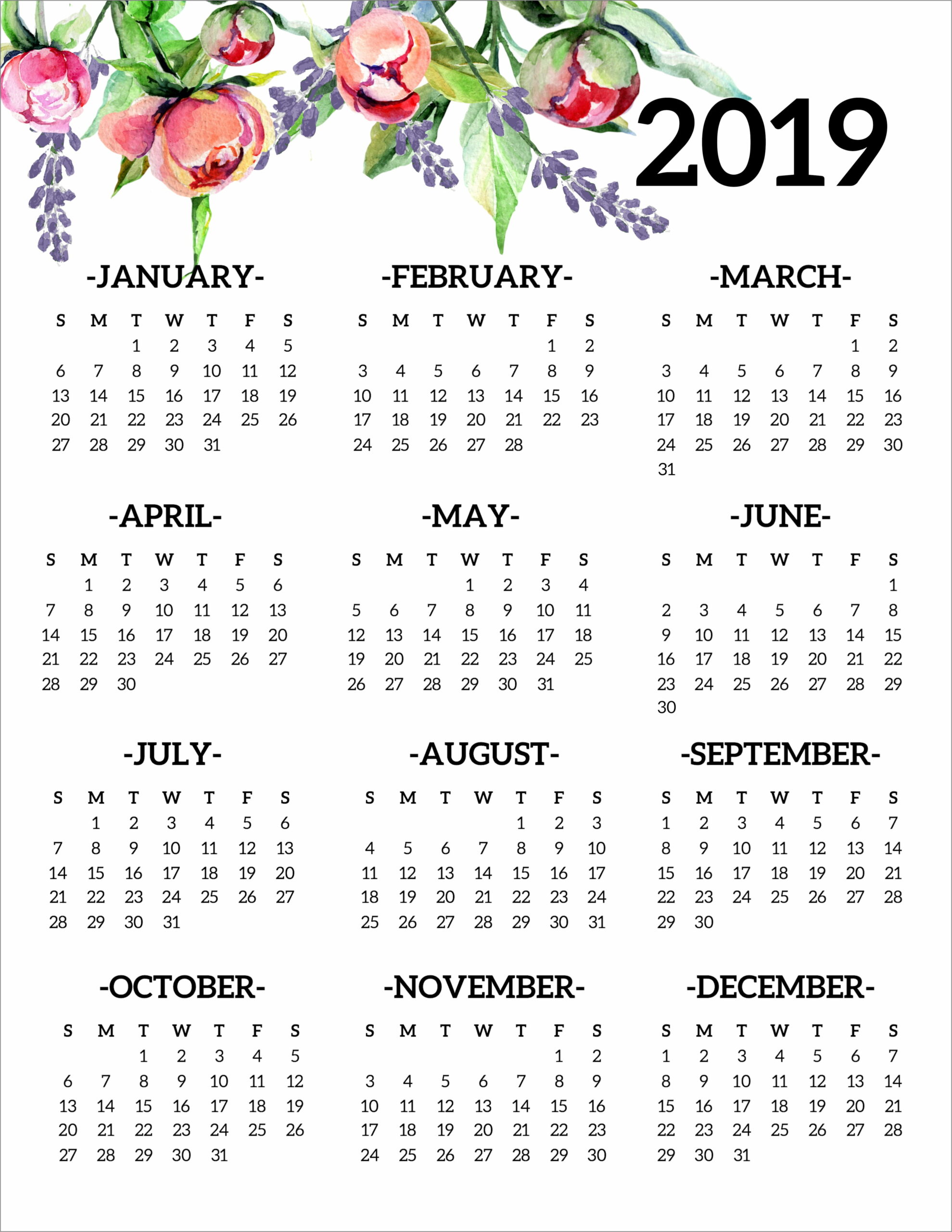 Year At A Glance Calendar Template 2019