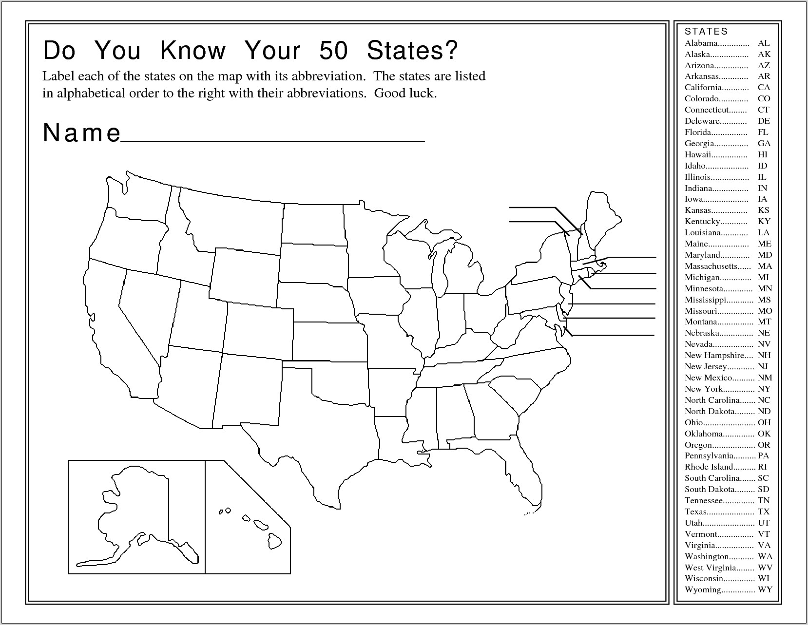 United States Map Fill In Worksheet